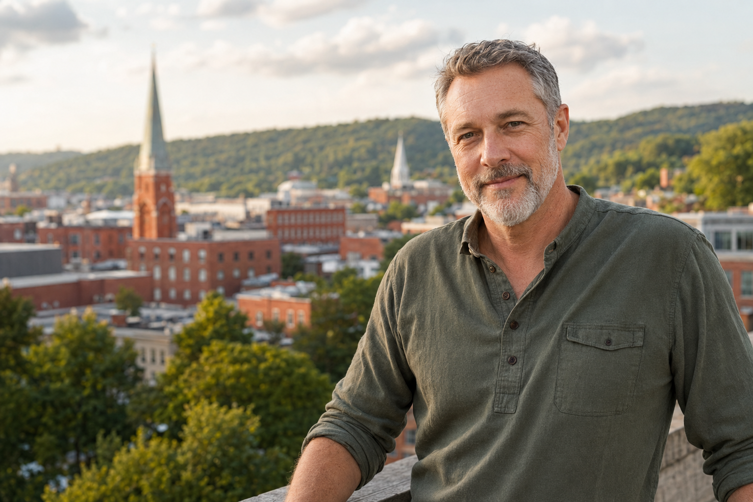 Middle-aged man overlooking a Lynchburg-inspired downtown